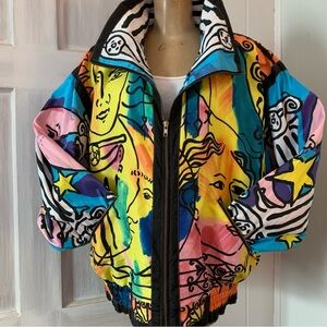 Vintage Jacket Giacca Sport Picasso-style multicolor abstract print Zipper Sz L